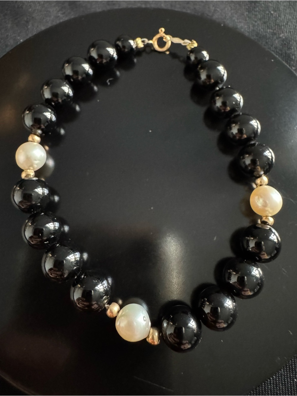 14K Gold Onyx & Genuine Pearl Bracelet Bead - 8”